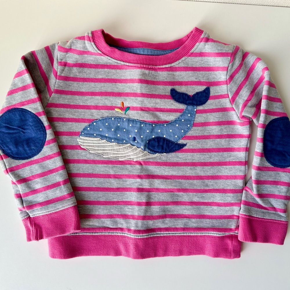 Mini Boden Pink Gray Striped Whale Appliqué Sweatshirt